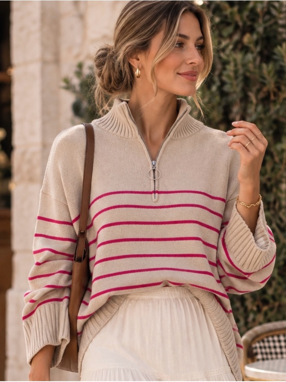 crown & ivy Beige Knit Half-Zip Sweater with Pink Stripes